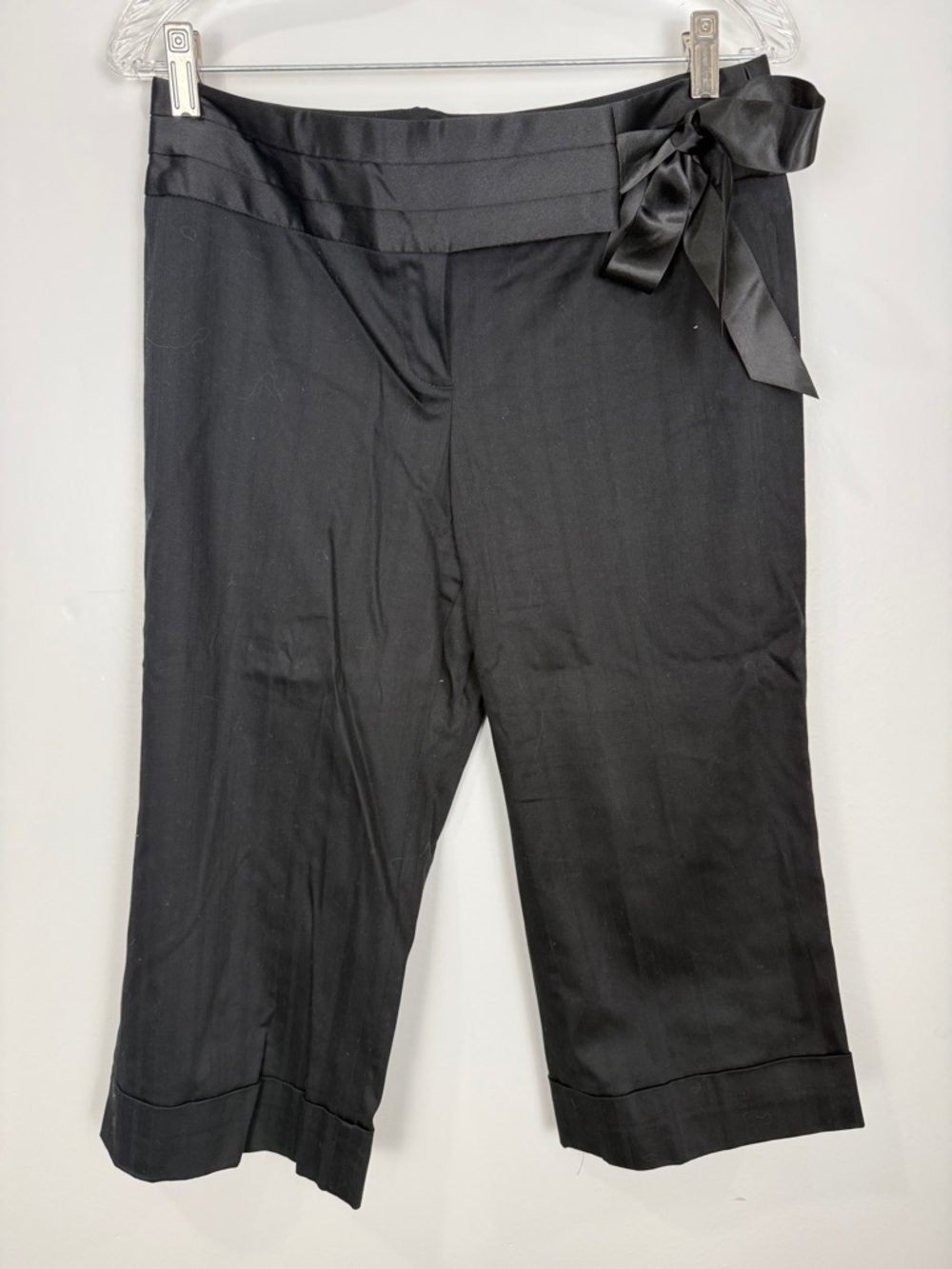 LOFT Black Satin-Waist Capris with Side Bow